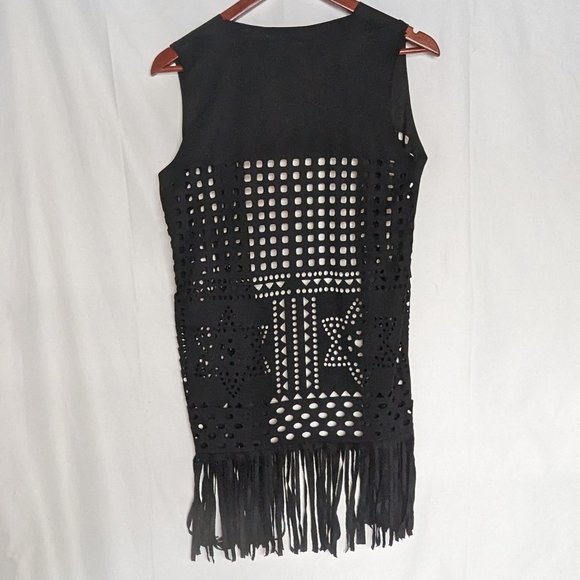 Boho long fringe vest with laser cuts black one size EUC Renato Balestra - Picture 3 of 9
